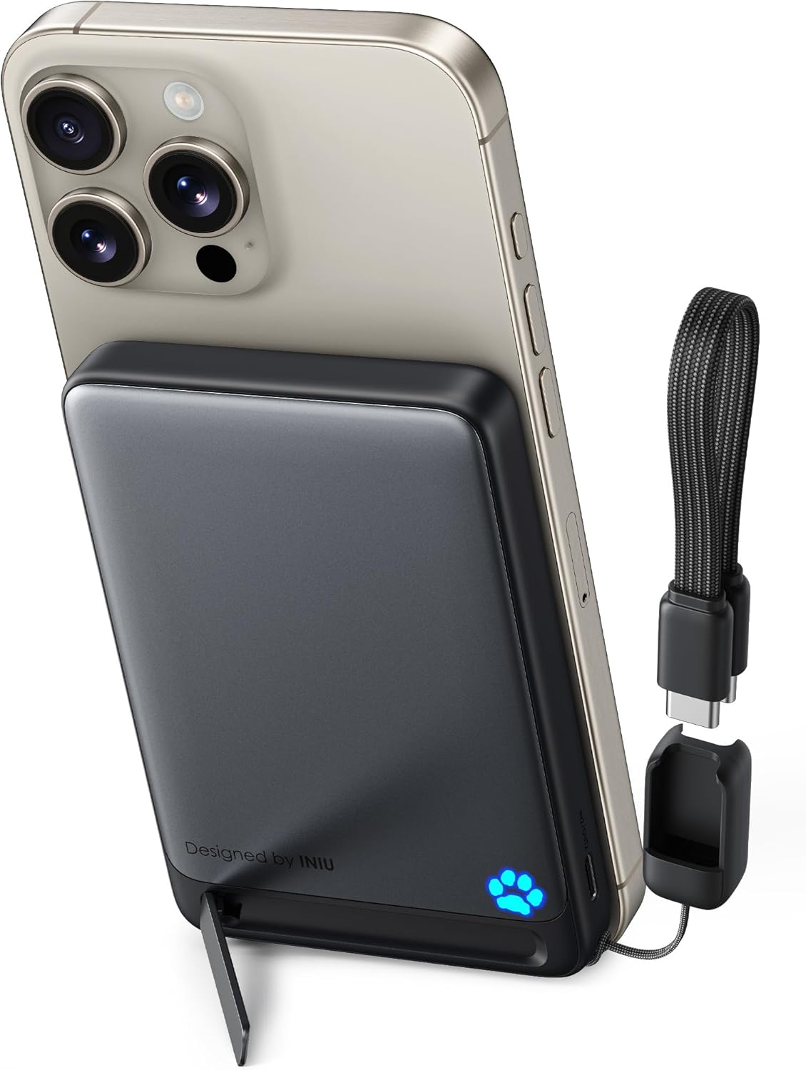 Power bank INIU MagPro Slim ultra-sottile con supporto MagSafe, design moderno nero